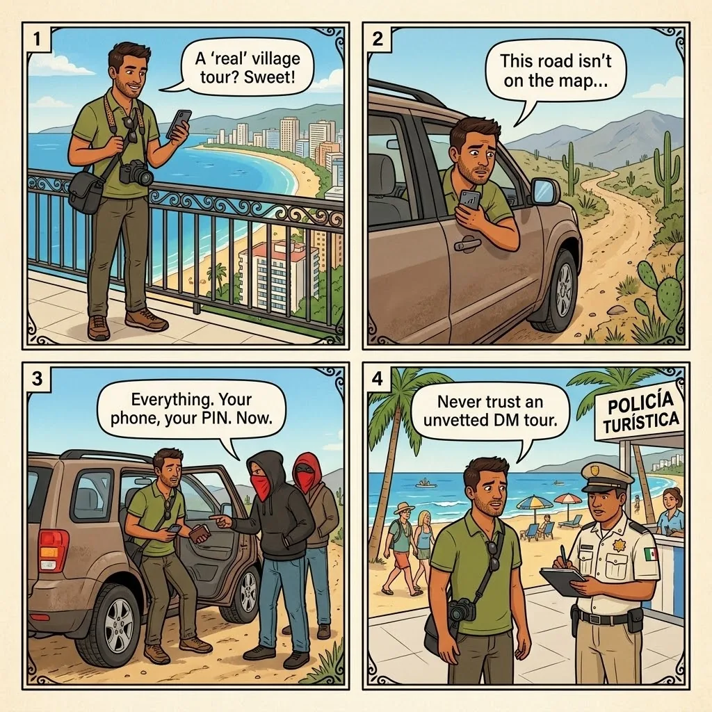 Instagram 'Authentic Guerrero Tour' Cartel-Zone Trap — comic illustration