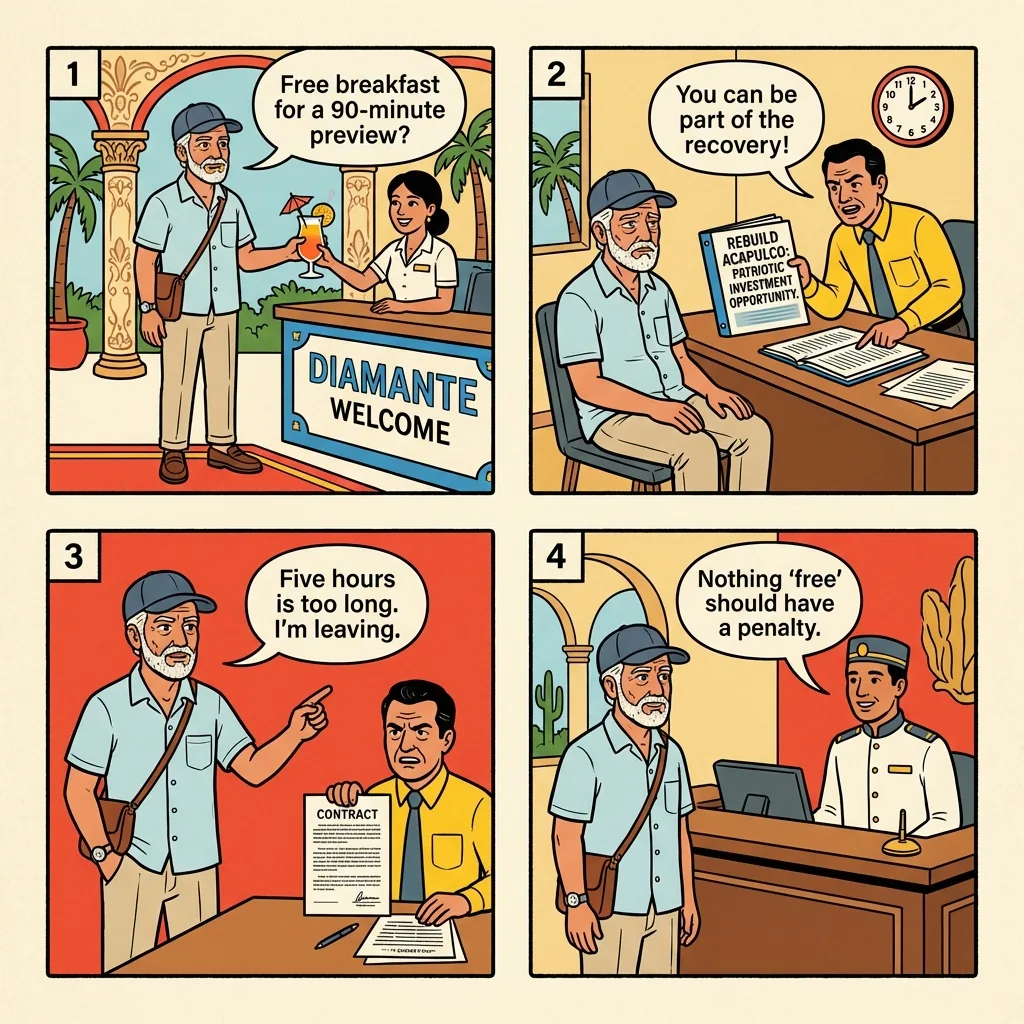 Diamante Resort Timeshare 'Hurricane Recovery' Pitch — comic illustration