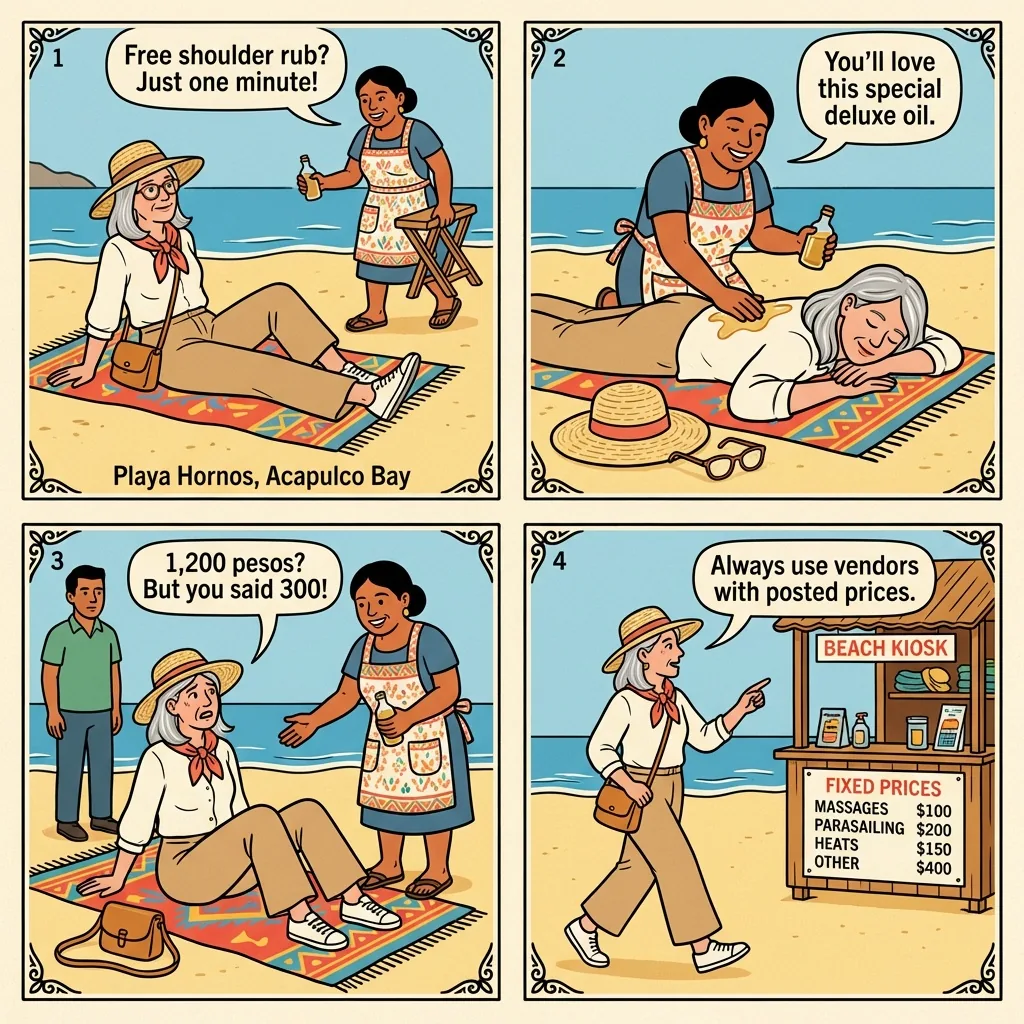 Beach-Vendor 'Free Massage' Pressure Upsell — comic illustration