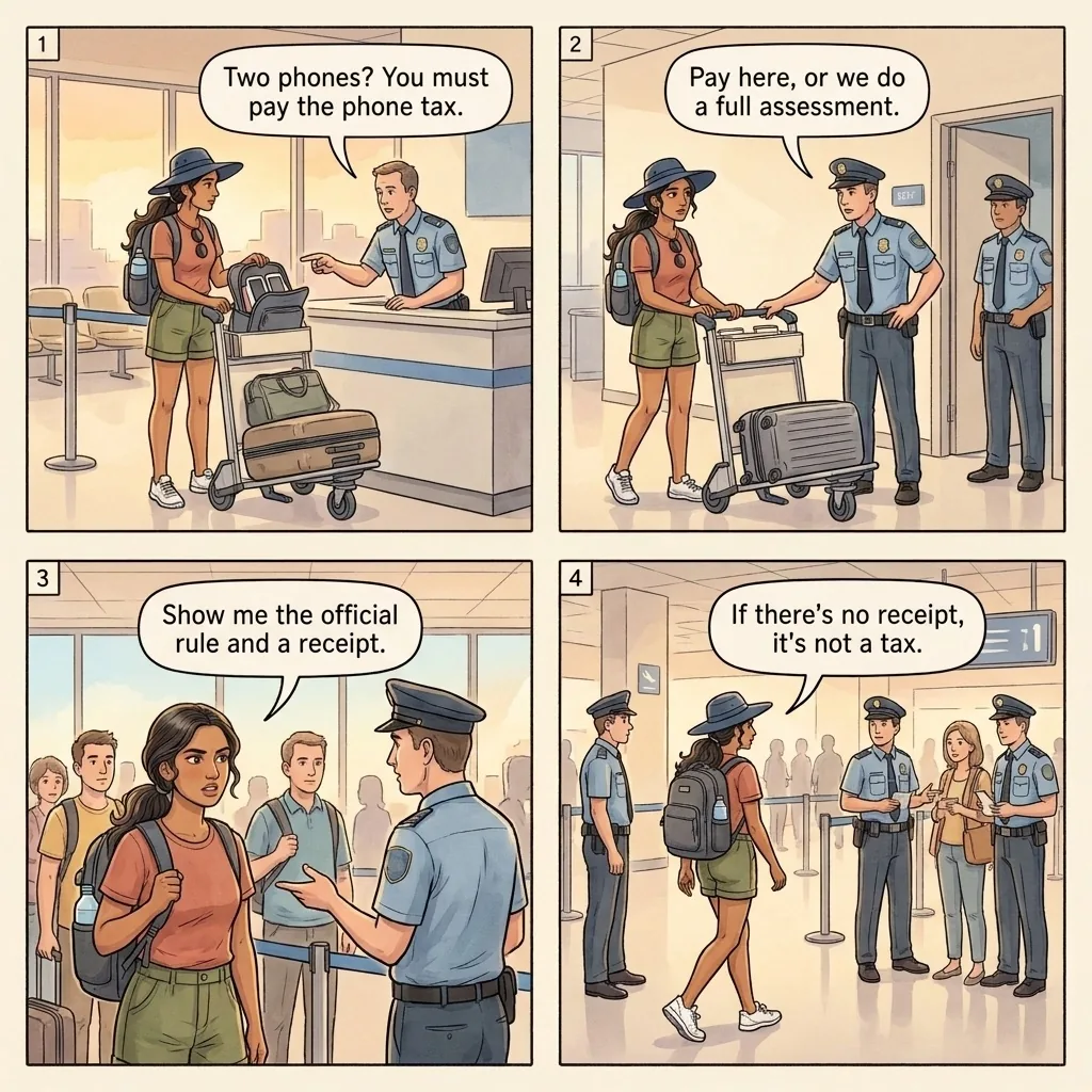 Kotoka phone-tax shakedown — comic illustration