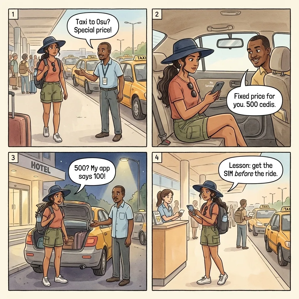 Kotoka curb-side taxi overcharge — comic illustration
