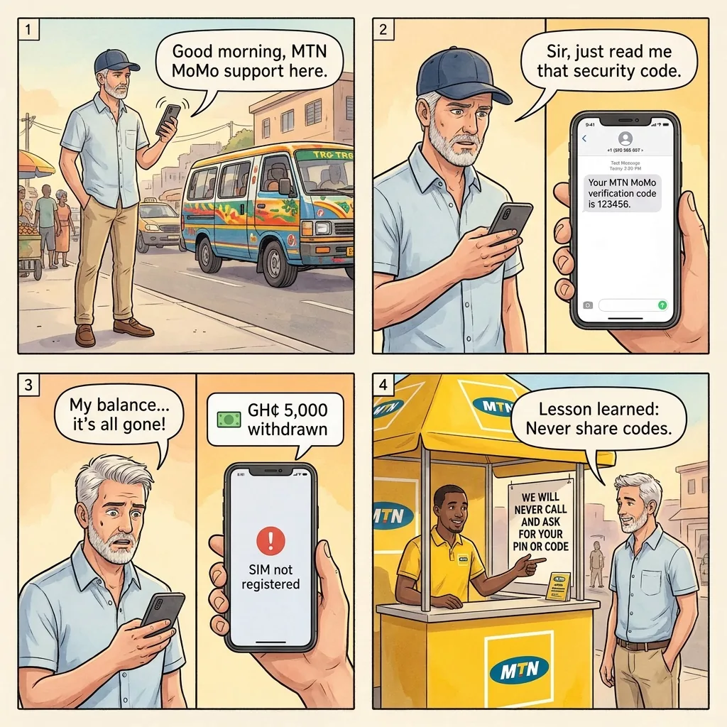 MTN MoMo phishing and SIM-swap — comic illustration