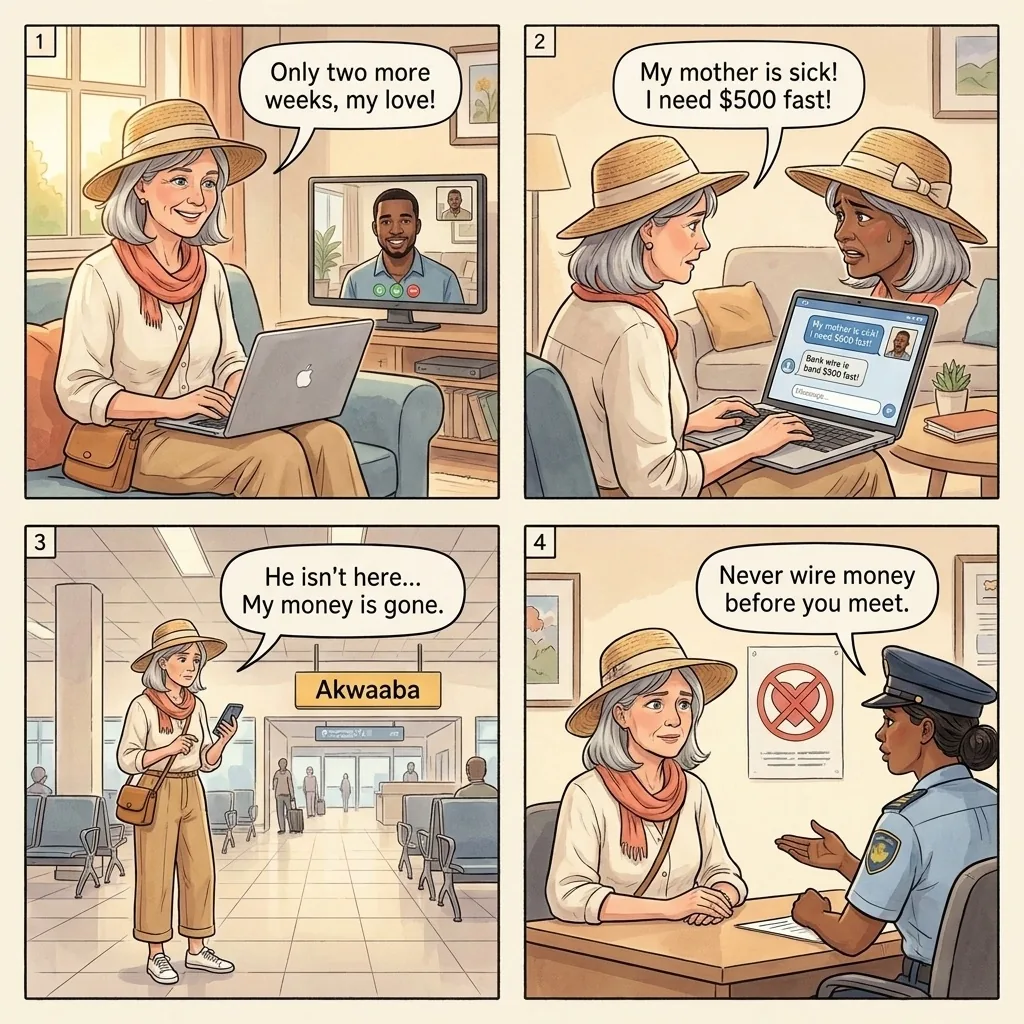 Sakawa romance remittance trap — comic illustration