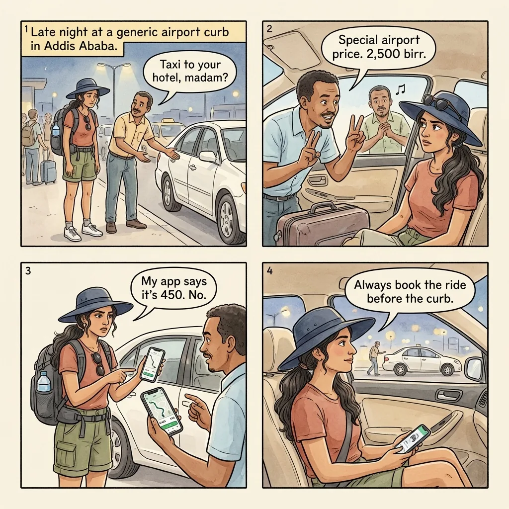 Bole Airport Taxi Overcharge — comic illustration