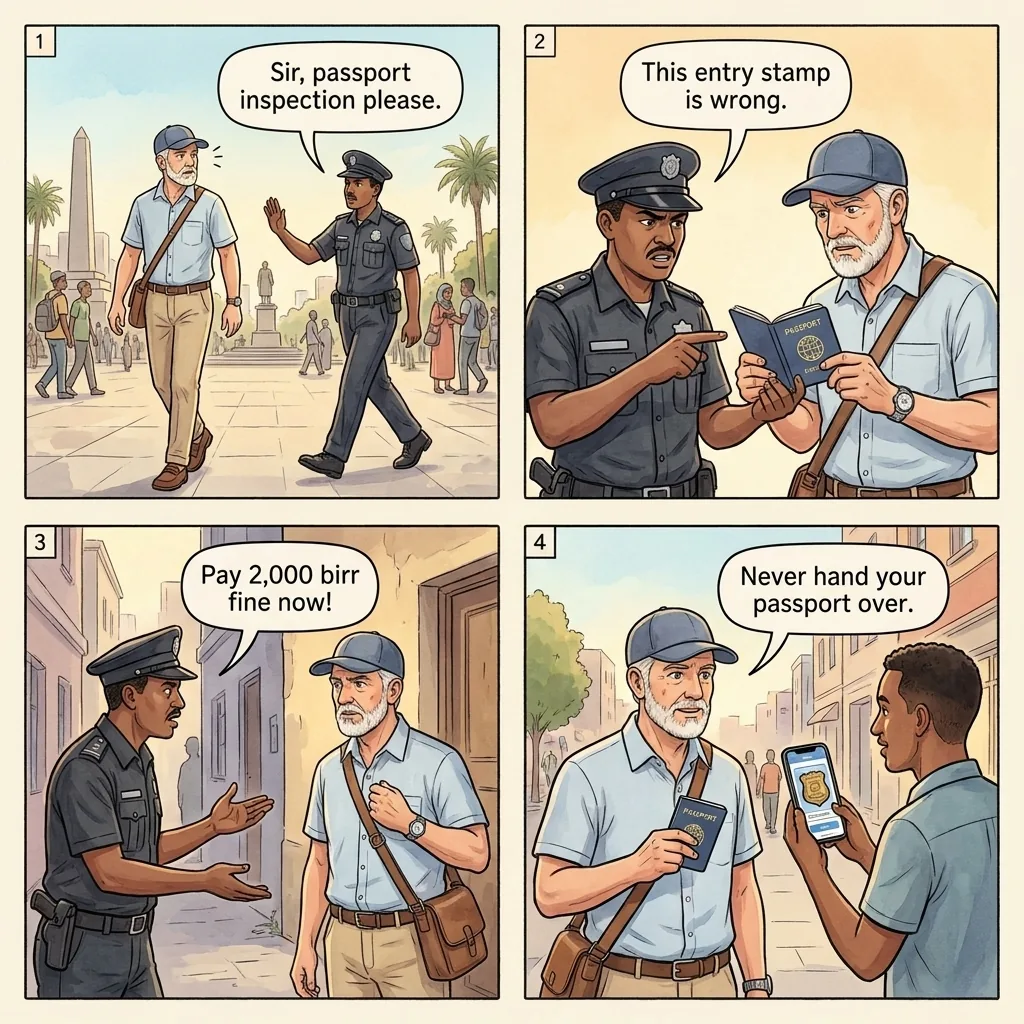 Roadside Police Passport Shakedown — comic illustration