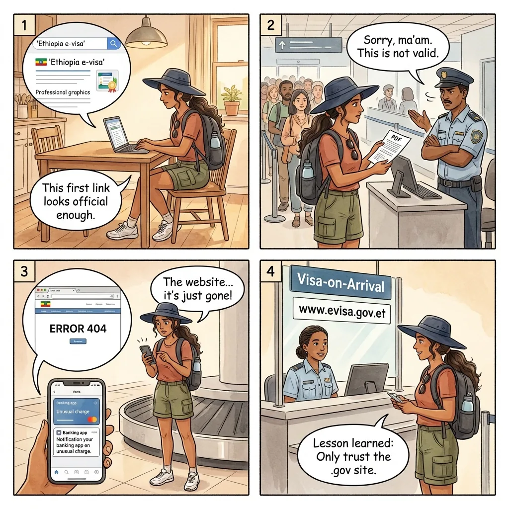 Fake E-Visa and Tour-Operator Booking — comic illustration