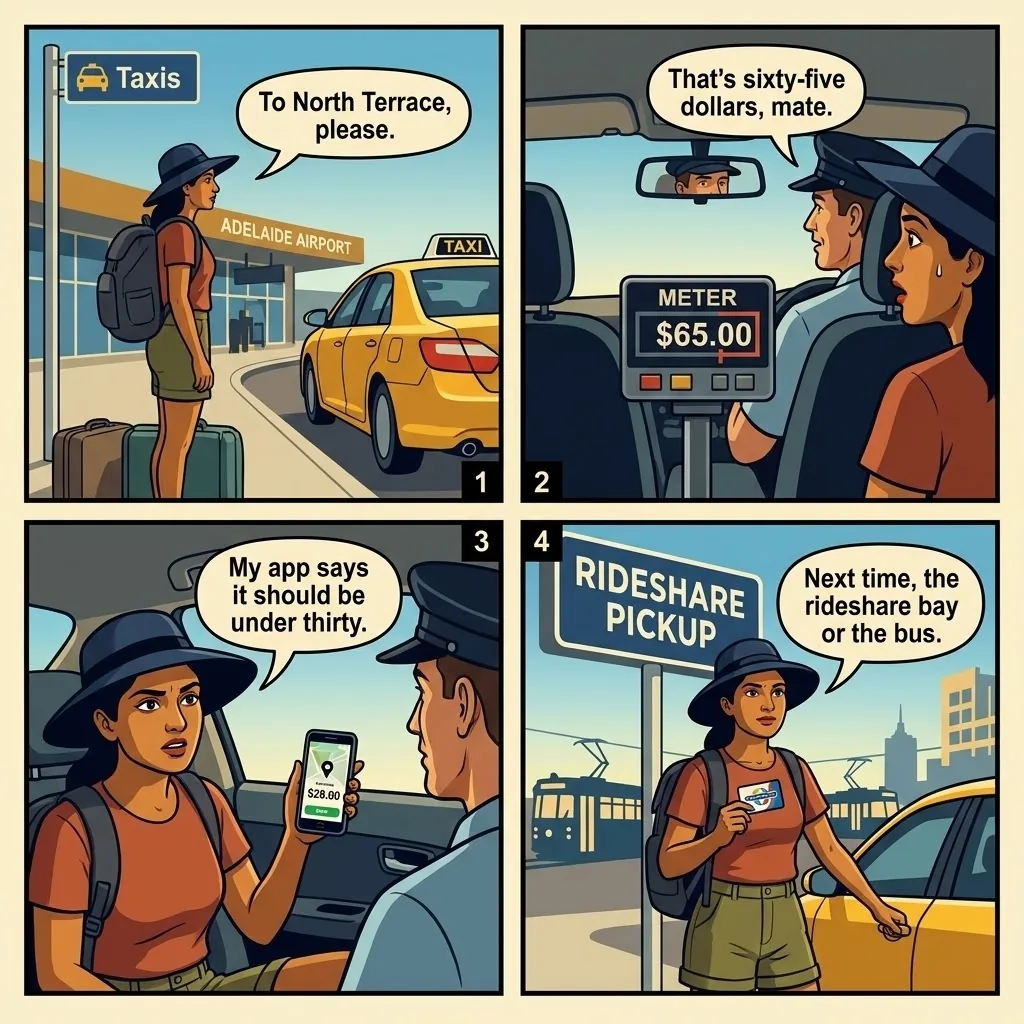 Adelaide Airport-to-Rundle Mall Taxi Top-Up — comic illustration