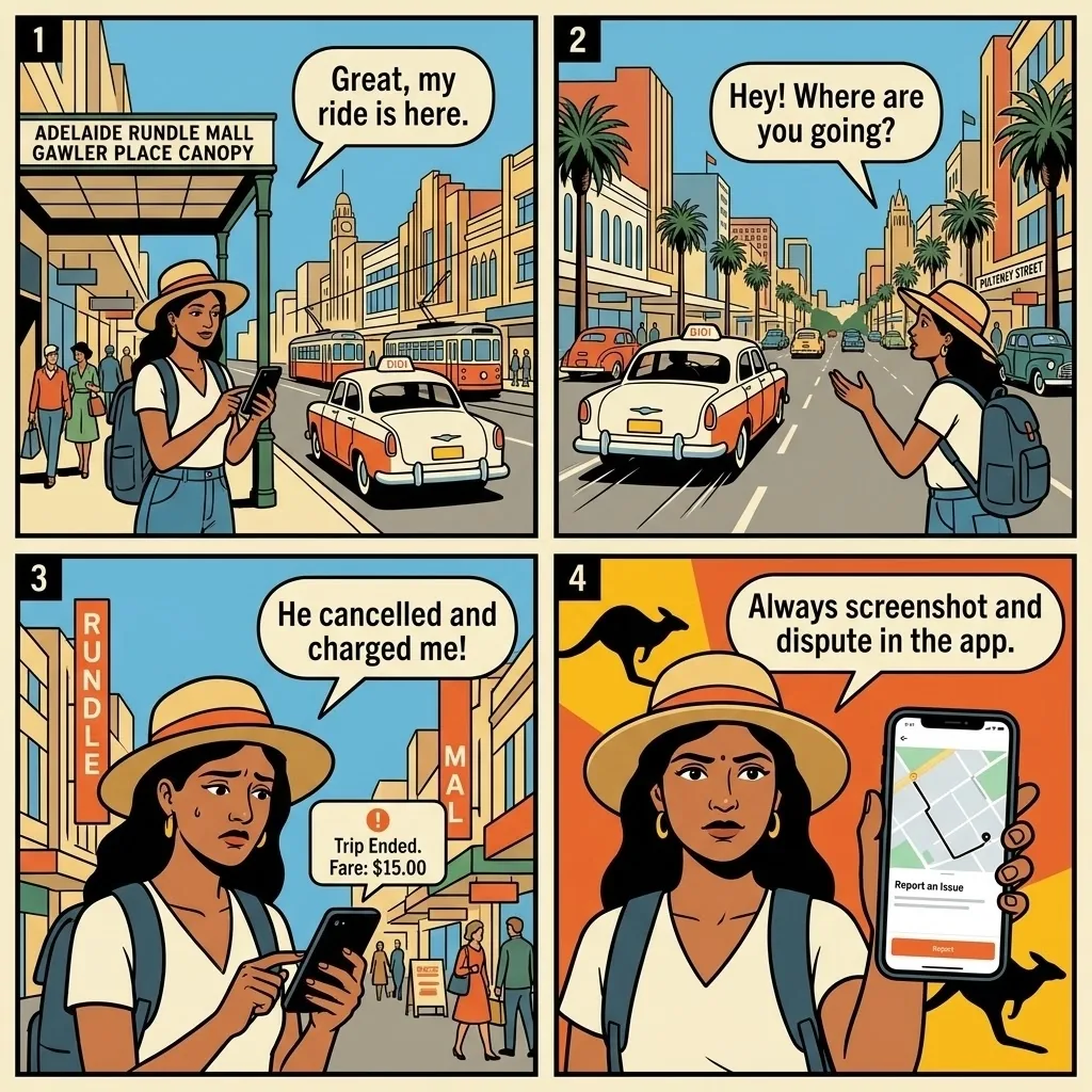 DiDi / Uber 'Cancel Mid-Trip' Charge Scam — comic illustration