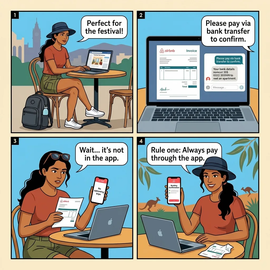 Adelaide Fake Rental / Facebook Airbnb Invoice Scam — comic illustration