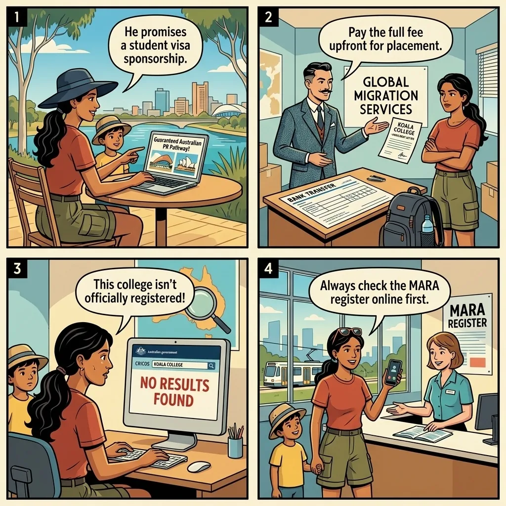Adelaide MARA-Spoof Migration Agent Visa Trap — comic illustration