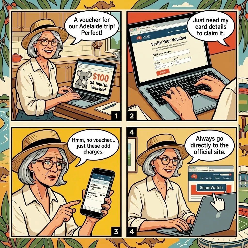 Fake 'SA Tourism Voucher' / Booking Voucher Scam — comic illustration