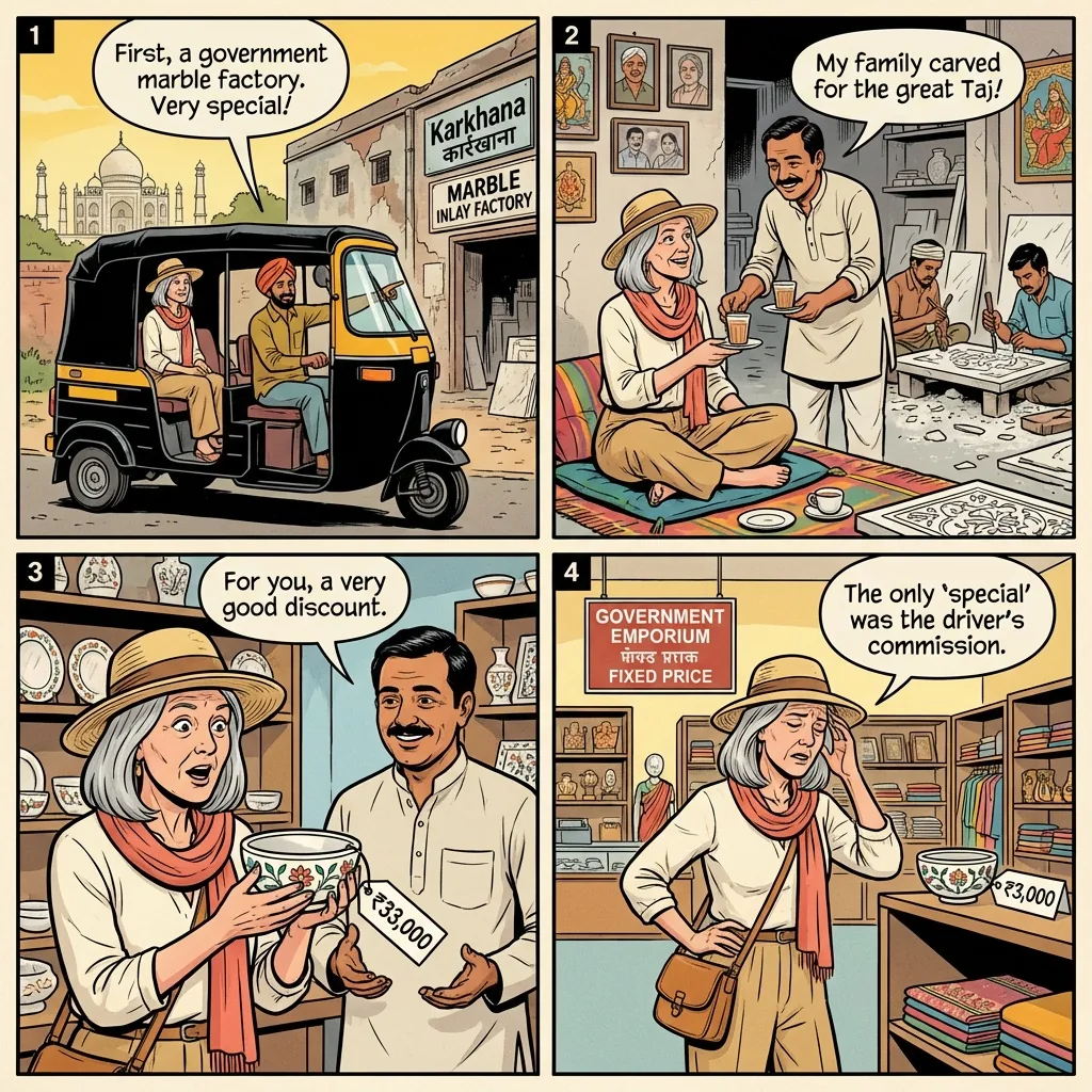 Marble factory commission tour overcharge — comic illustration