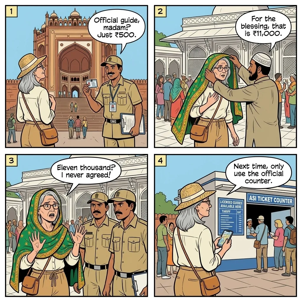 Fatehpur Sikri fake guide and chadar shakedown — comic illustration
