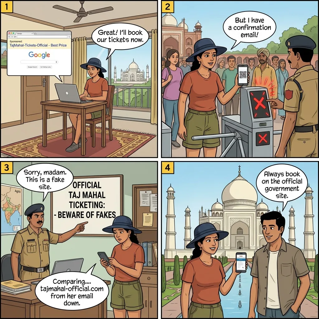 Taj Mahal lookalike ticket website — comic illustration