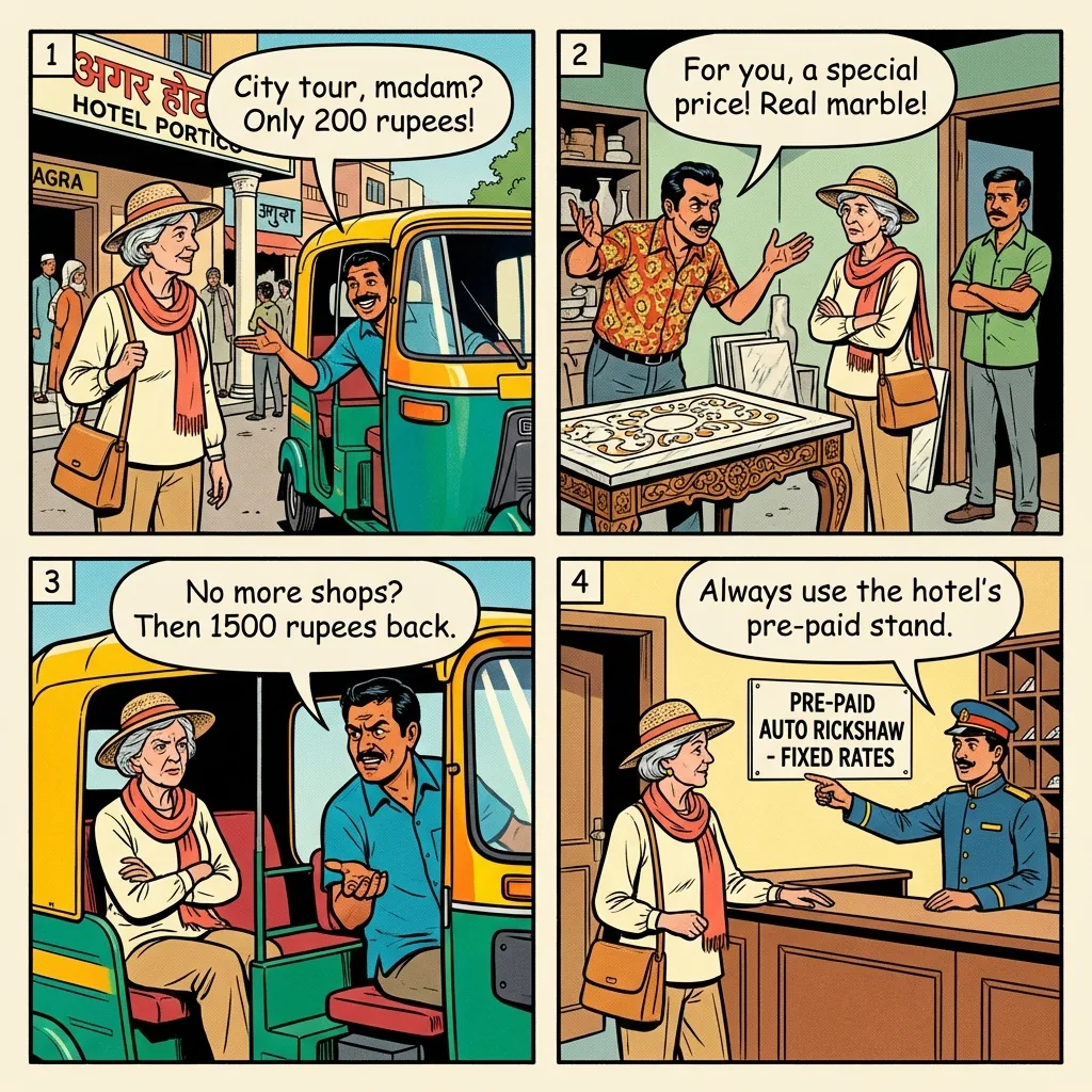 Autorickshaw free-tour commission shop circuit — comic illustration