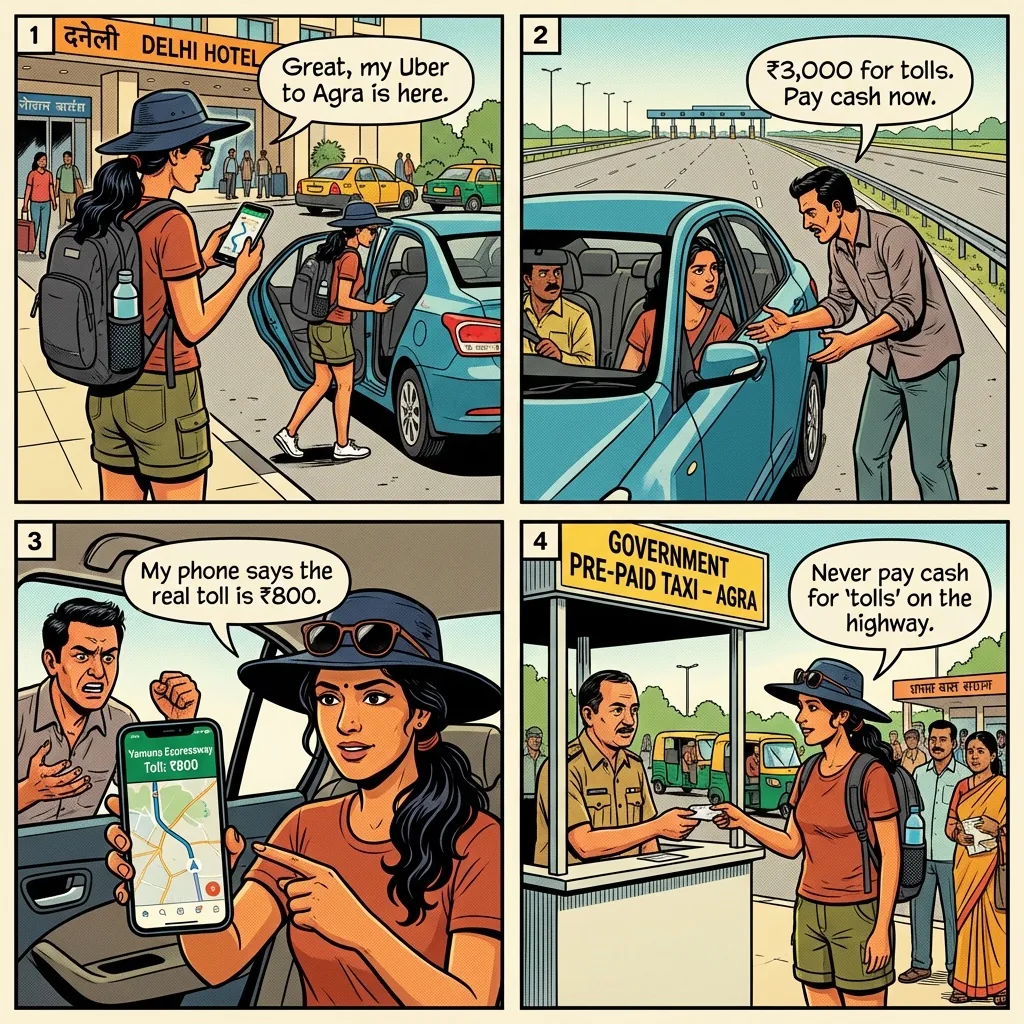 Uber Intercity Delhi Agra toll-tax surcharge — comic illustration