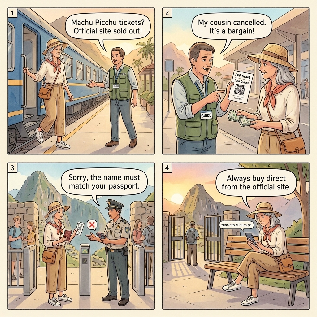 Counterfeit and Already-Used Machu Picchu Entrance Tickets at Aguas Calientes Train Station and Plaza Manco Cápac — comic illustration