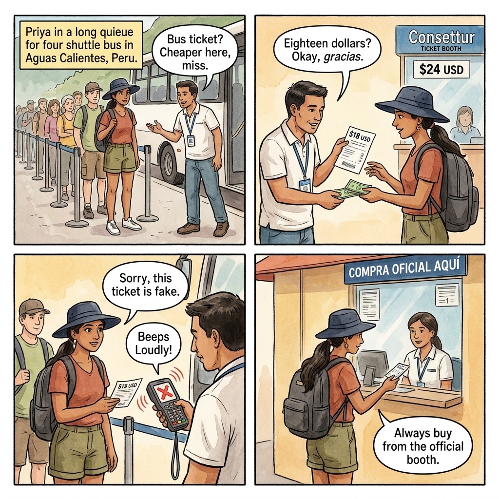 Avenida Hermanos Ayar Bus-Terminal Tout and Fake Consettur Ticket at the Aguas Calientes Bus Stop — comic illustration