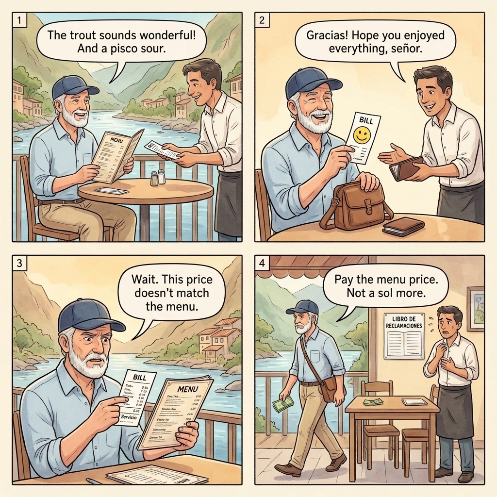 Avenida Pachacutec Restaurant Bill Padding, Menu Switching, and Undisclosed Service Charge — comic illustration