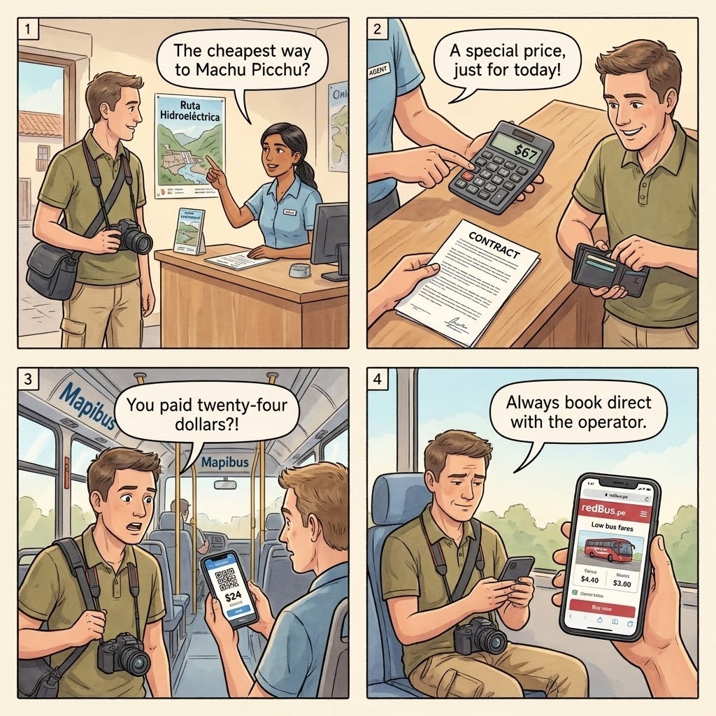 Hidroeléctrica-Route Private Bus Reseller and Cusco-Aguas Calientes Train Markup — comic illustration