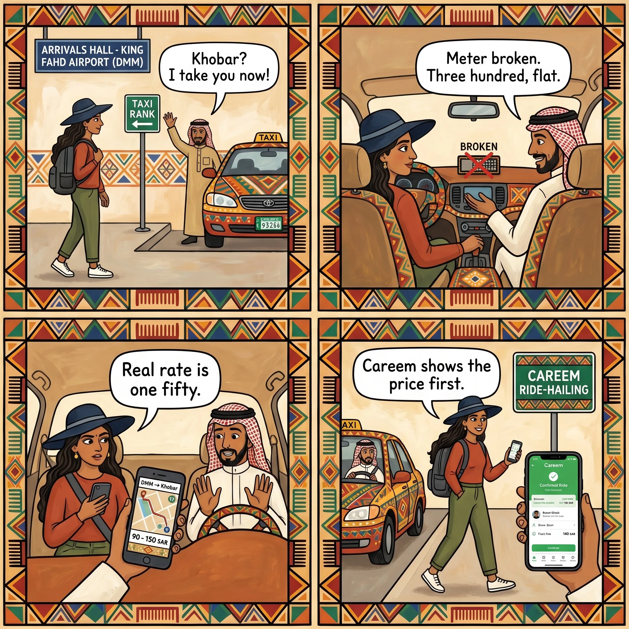 Dammam Airport Broken Meter Taxi to Khobar — comic illustration