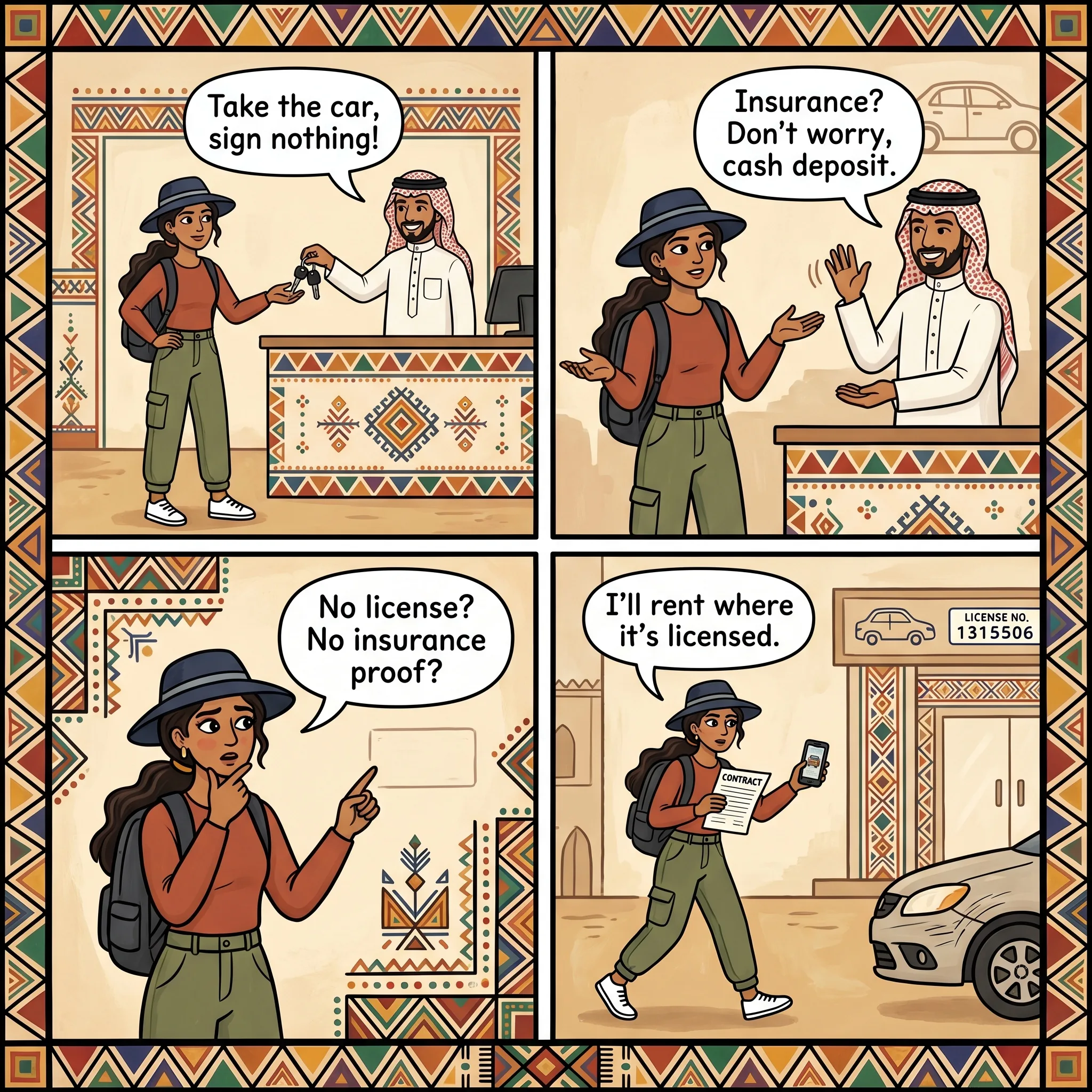 Car-Rental Office Without License or Insurance — comic illustration