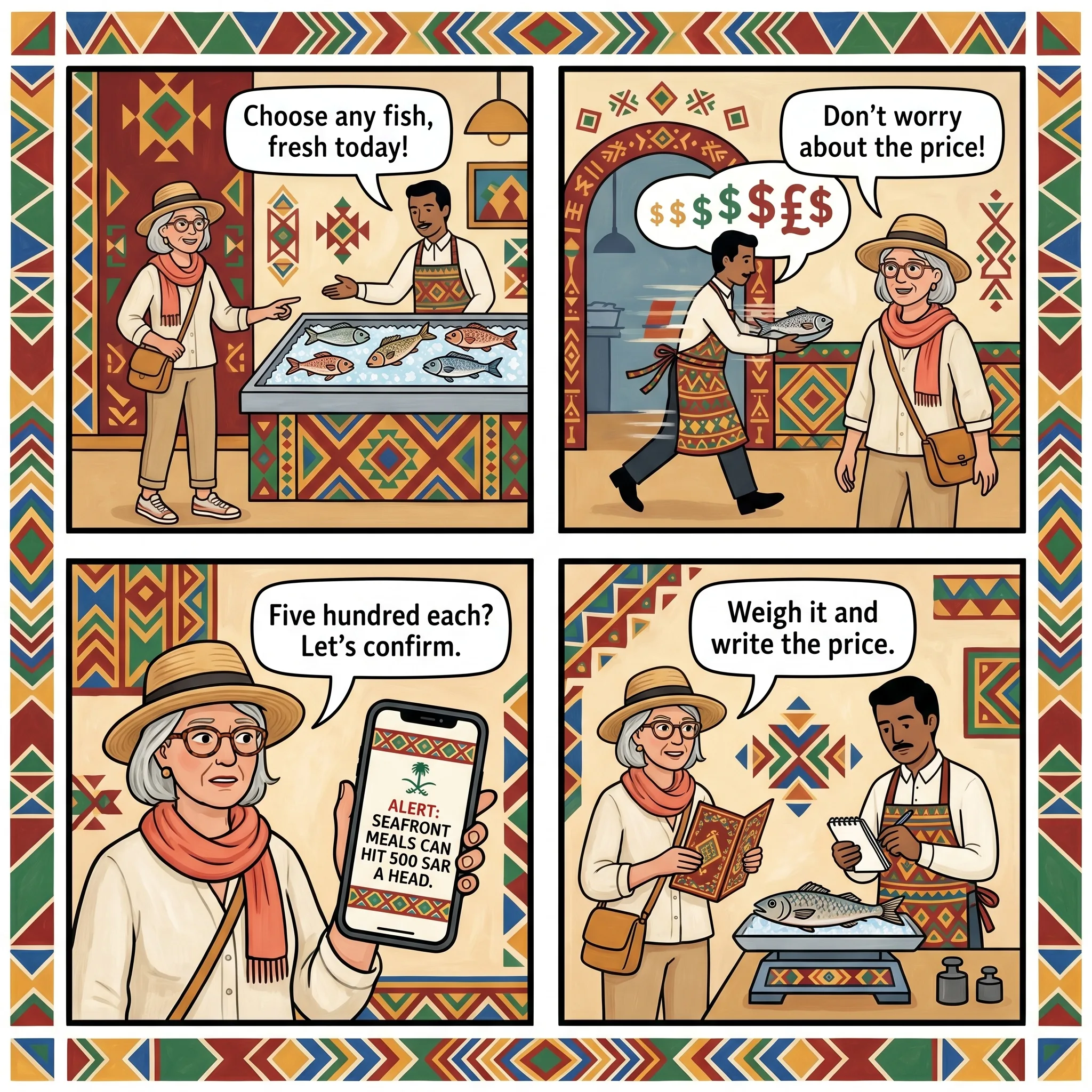 Corniche Seafood Sea View Overcharge — comic illustration