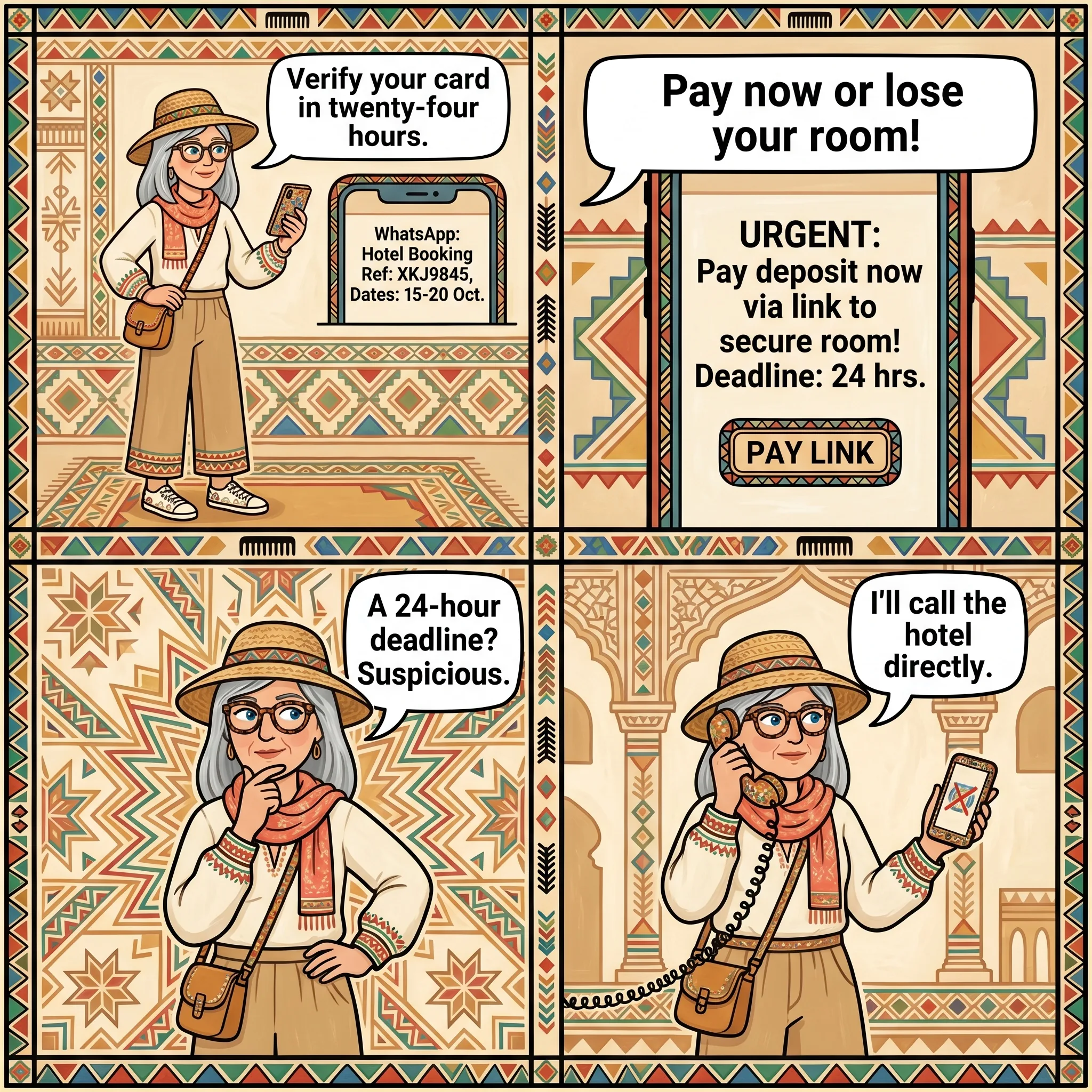 Fake Booking & WhatsApp Confirm Your Hotel Fraud — comic illustration