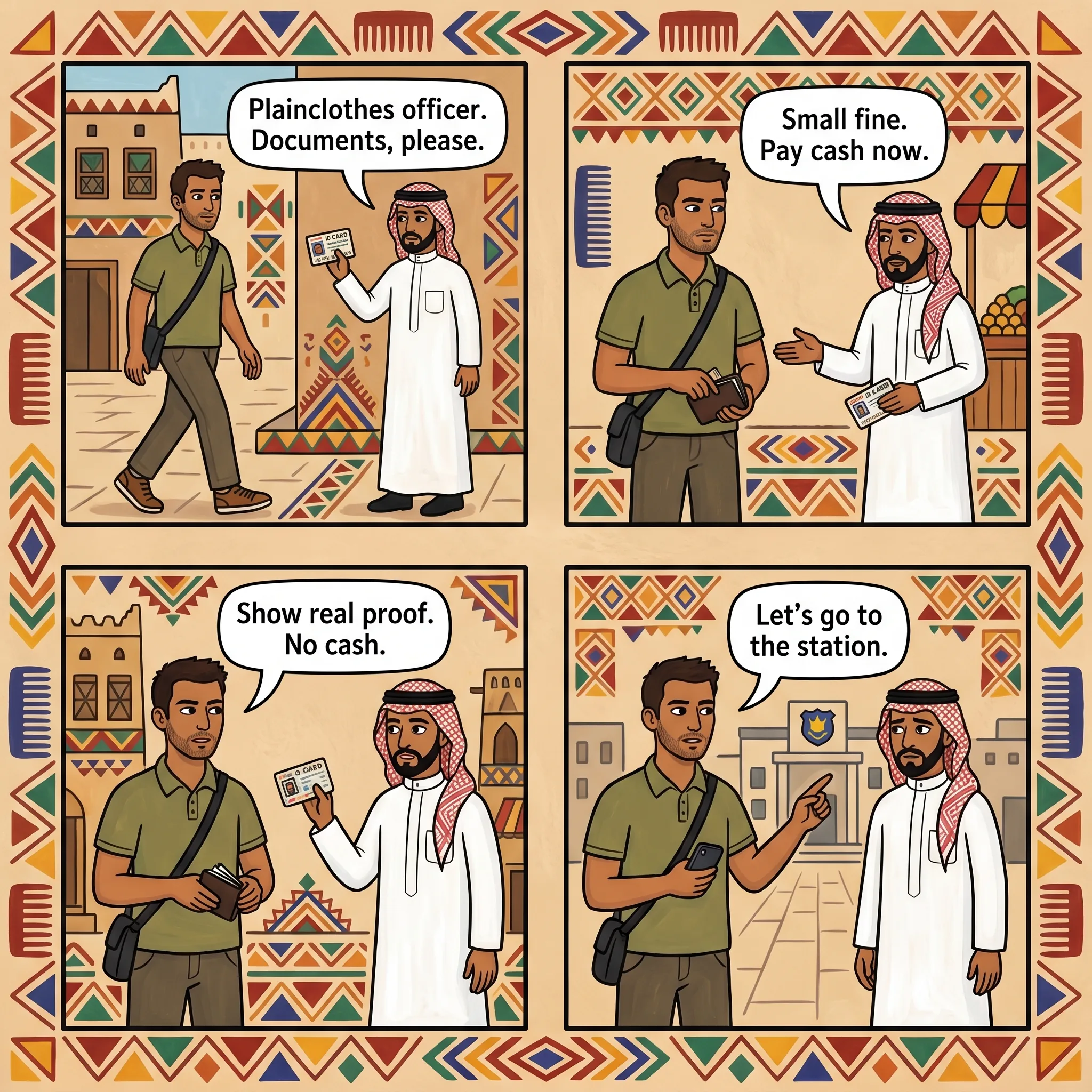Fake Plainclothes Officer ID Shakedown — comic illustration