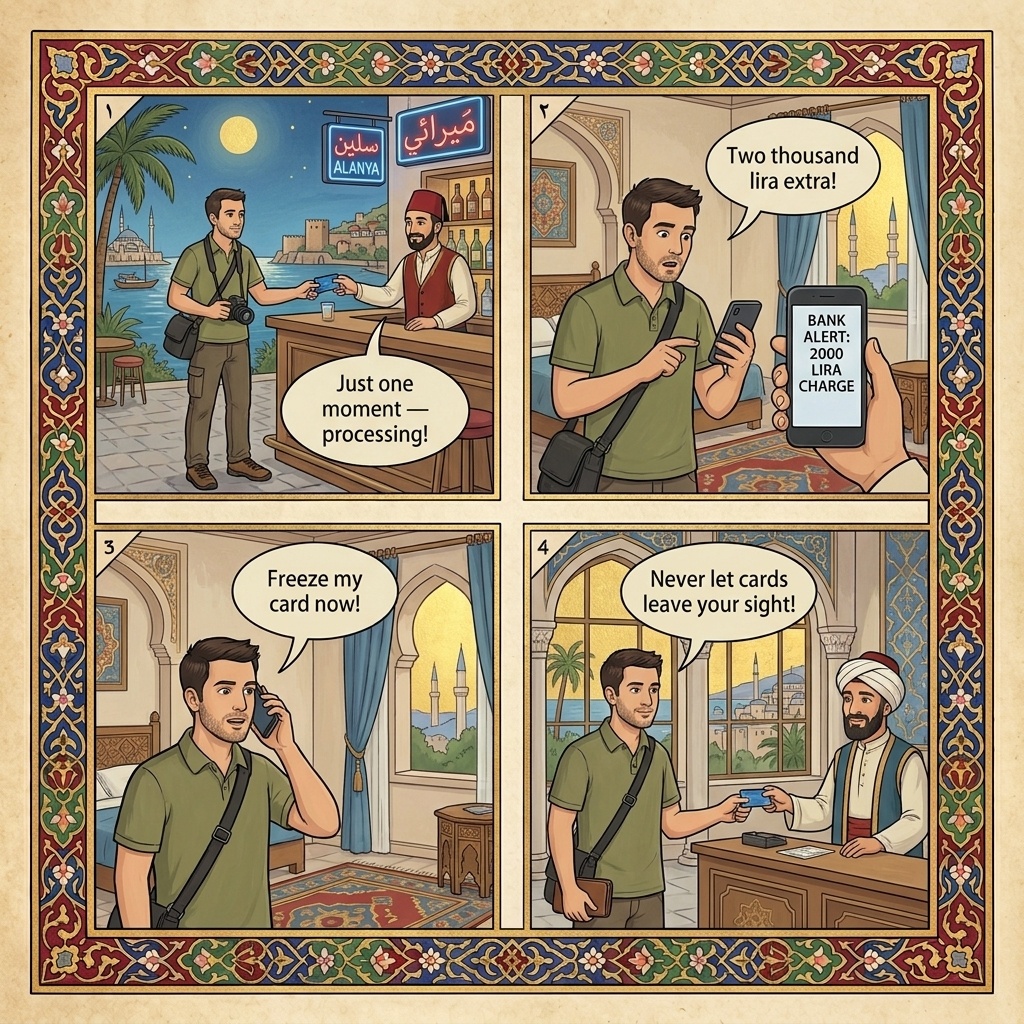 Alanya 'Buy Drinks' Card-Skimming Bar Scam — comic illustration