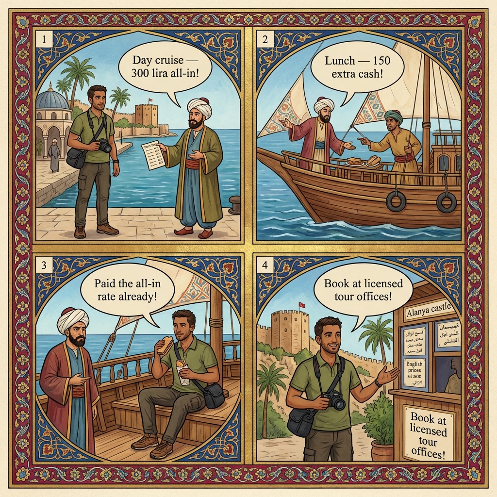 Cleopatra Beach Taxi & Boat Excursion Overcharge — comic illustration