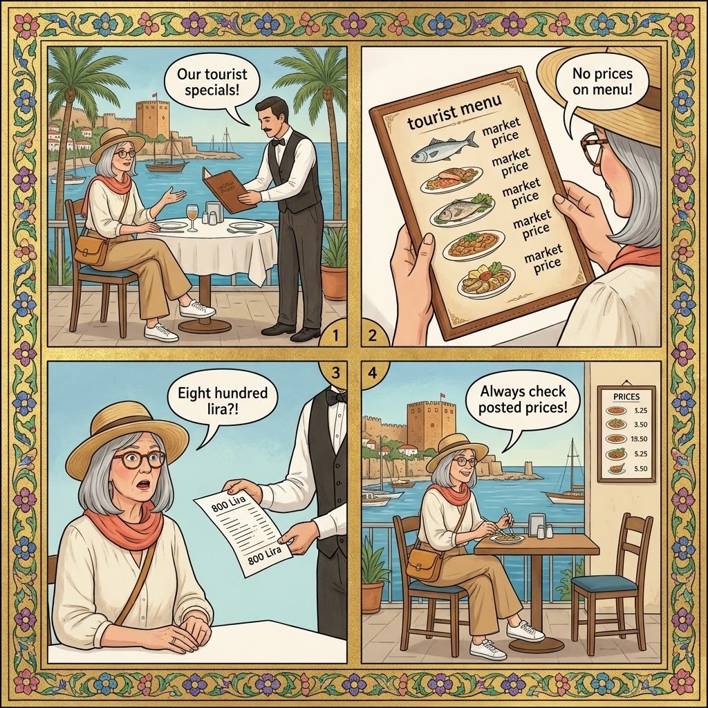 Restaurant Pricing Inflation & 'Tourist Menu' Doubling — comic illustration