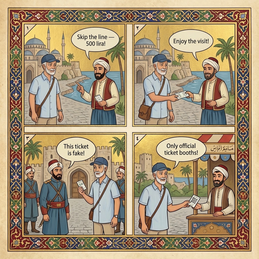 Damlataş Cave & Castle 'Skip-the-Line' Tout Scams — comic illustration