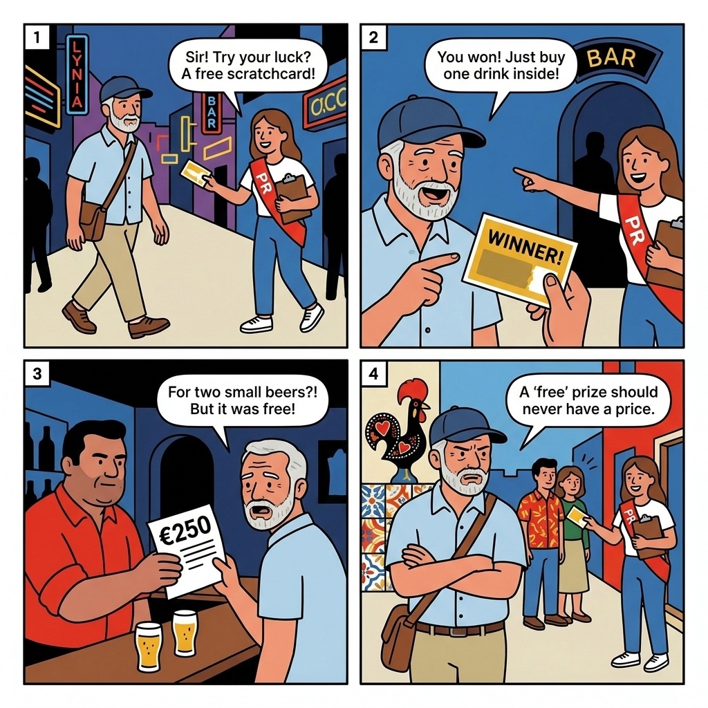 Oura Strip 'Public Relations' Scratchcard & Bar-Ushering Scam — comic illustration