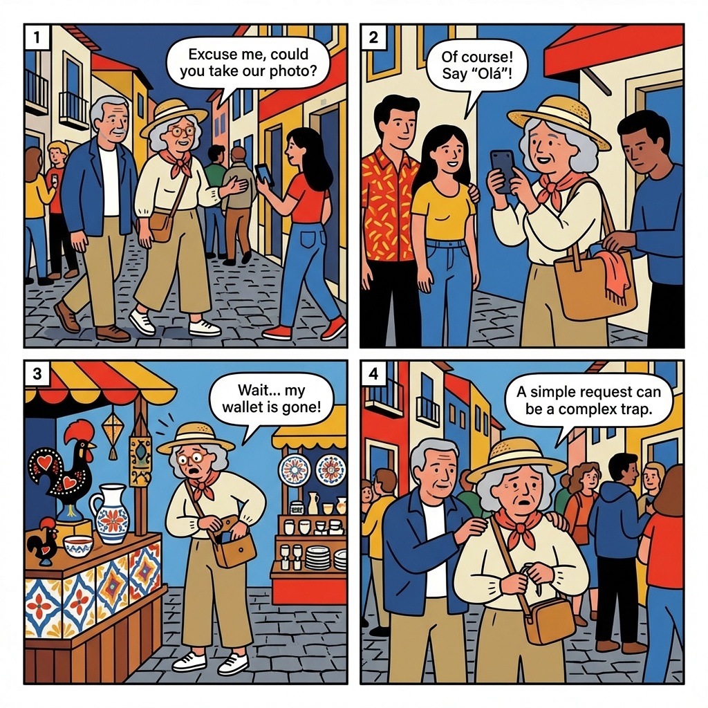 Albufeira Old Town Pickpocket Teams — comic illustration