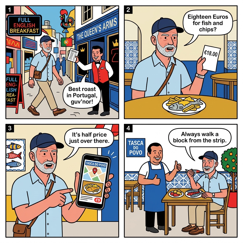 British-Pub-Strip Restaurant Tourist-Menu Inflation — comic illustration