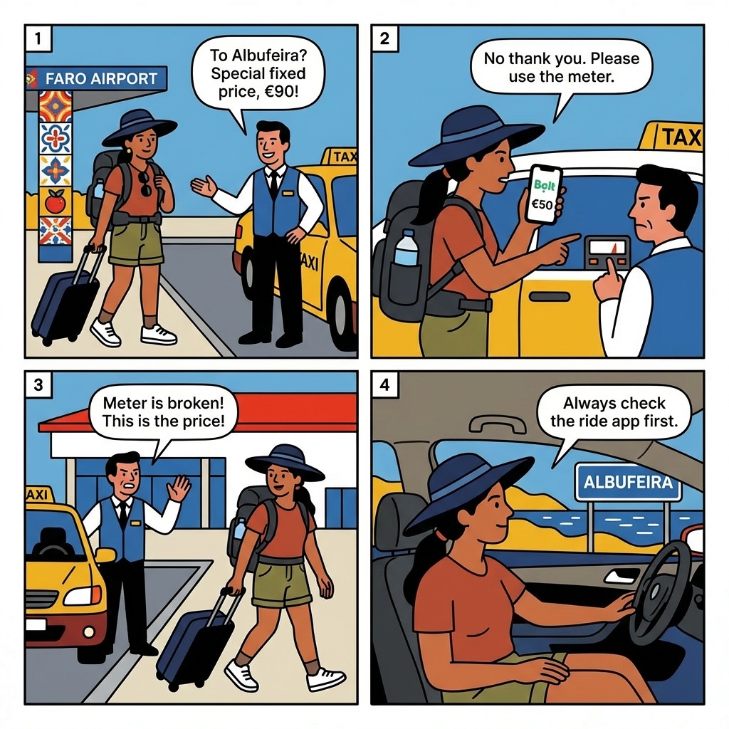 FAO Airport-to-Albufeira Transfer Overcharge & Shuttle-Bundle Scams — comic illustration