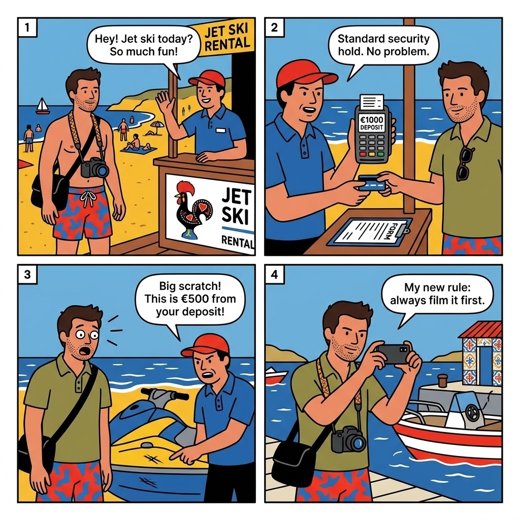 Beach Operator Jet Ski / Watersport Damage-Deposit Fraud — comic illustration