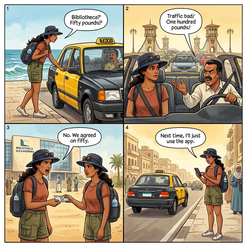 Corniche street-taxi fare-renegotiation — comic illustration