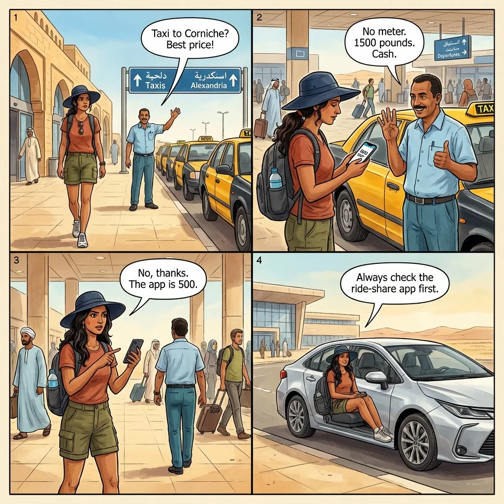 Borg El Arab arrivals ATM-fee & airport-rank cash trap — comic illustration