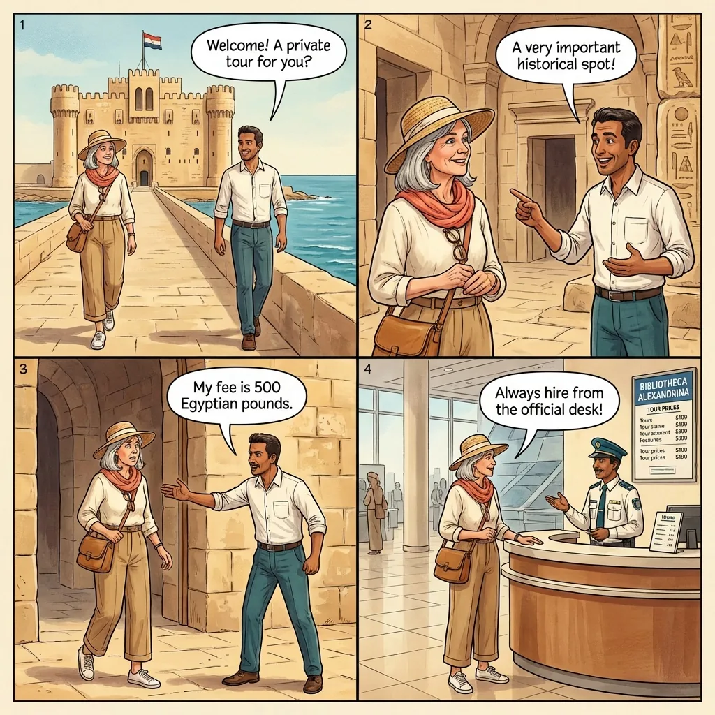 Qaitbay Citadel & Bibliotheca freelance-guide tail — comic illustration