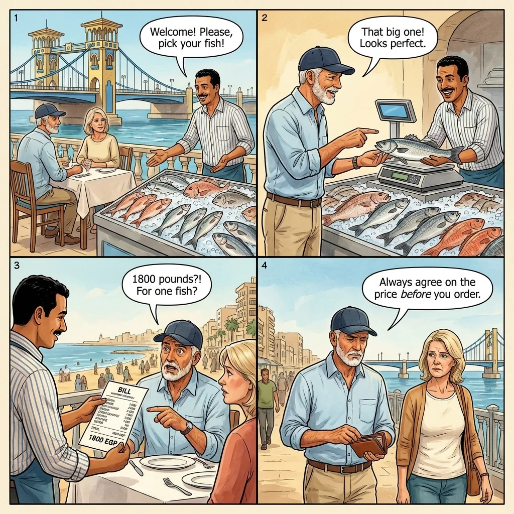 Corniche fish-restaurant no-menu price gouge — comic illustration