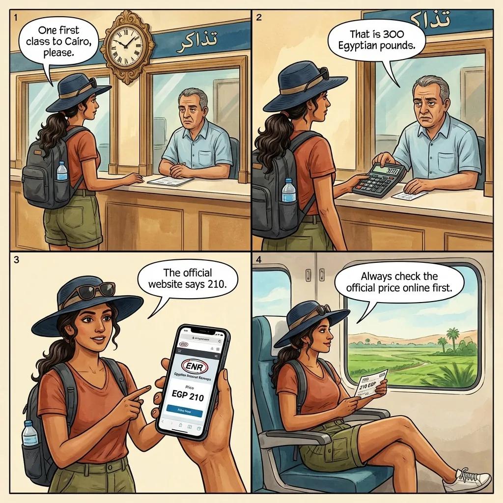 Cairo–Alexandria train ticket-booth tourist price — comic illustration