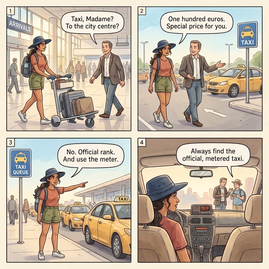 Houari Boumediene Airport (ALG) arrivals-hall taxi tout & off-meter quote — comic illustration