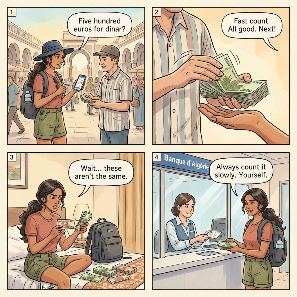 Square Port Said & Casbah black-market dinar short-count and counterfeit pivot — comic illustration