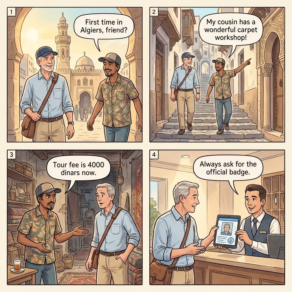 Casbah of Algiers freelance-guide pestering & Notre-Dame d'Afrique tail — comic illustration
