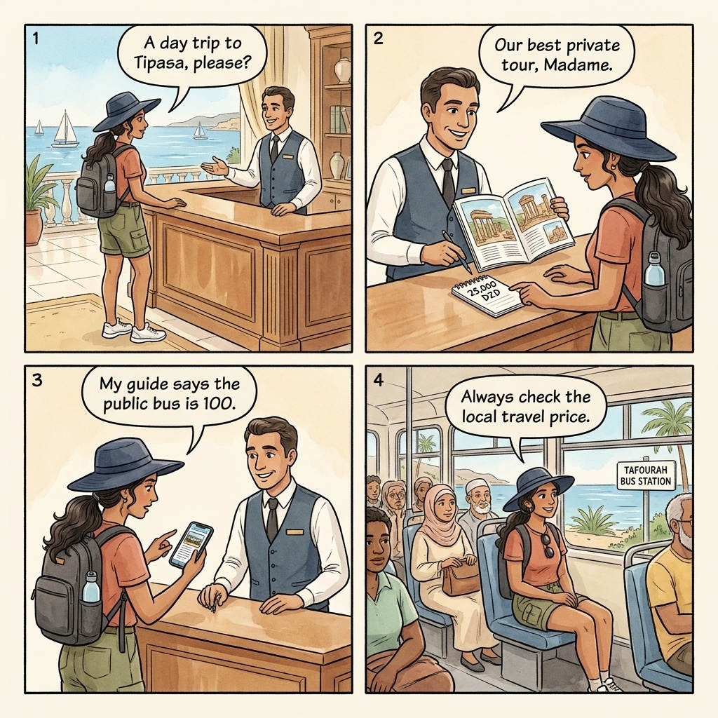 Hotel-arranged Tipasa & Cherchell day-trip 10x reseller markup — comic illustration