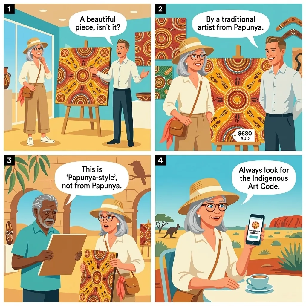 Fake Aboriginal Art Gallery & 'Genuine Artist' — comic illustration