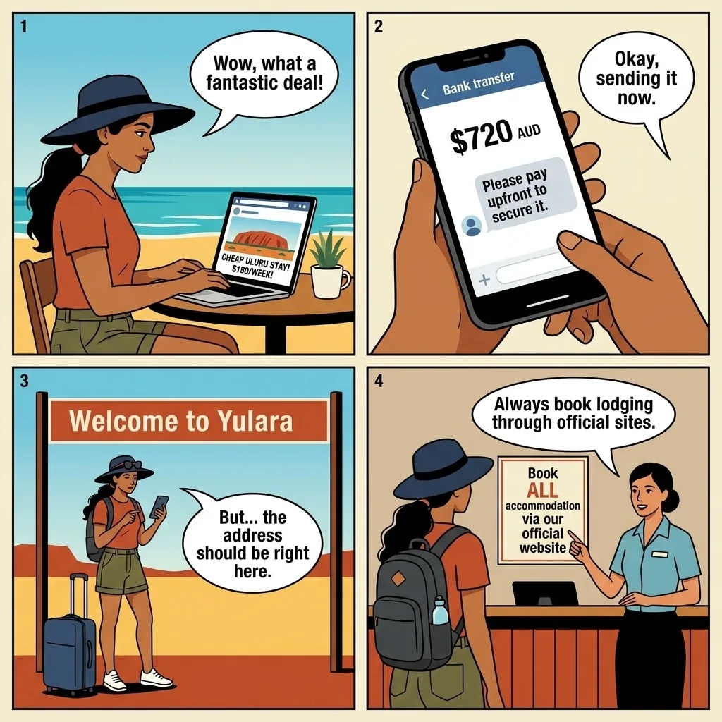 Alice Springs Backpacker Hostel & Uluru Accommodation Prepay Scam — comic illustration