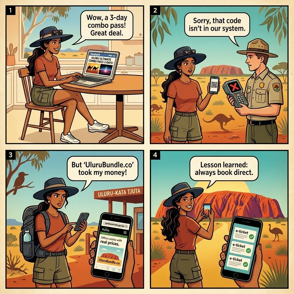 Fake Uluru 'Experience Combo Pass' Ticket Fraud — comic illustration